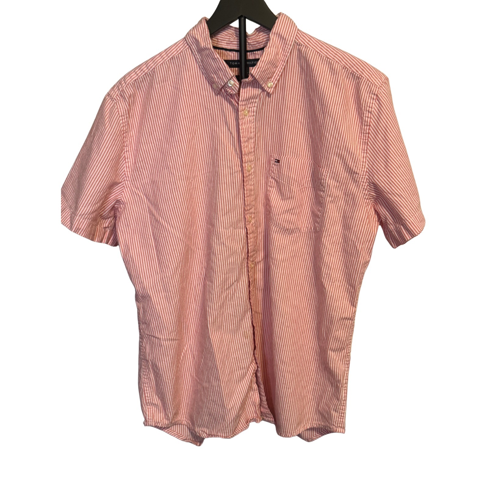 Tommy Hilfiger Classic Fit Pink Stripe Short Sleeve Button Up Shirt Men's L